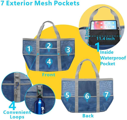 Mesh Beach Bag Family - Large Travel Tote Bag for Beach Pool Cruise | 9 Pockets, Quick Dry, with Zipper Pocket, Portable Mesh Beach Tote Bag for Sand Toys, Towels, Pool, Travel Beach Essentials