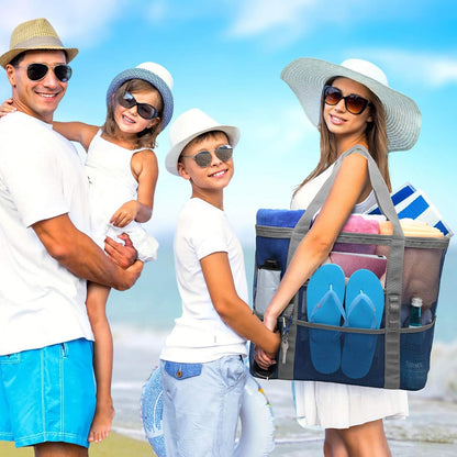 Mesh Beach Bag Family - Large Travel Tote Bag for Beach Pool Cruise | 9 Pockets, Quick Dry, with Zipper Pocket, Portable Mesh Beach Tote Bag for Sand Toys, Towels, Pool, Travel Beach Essentials