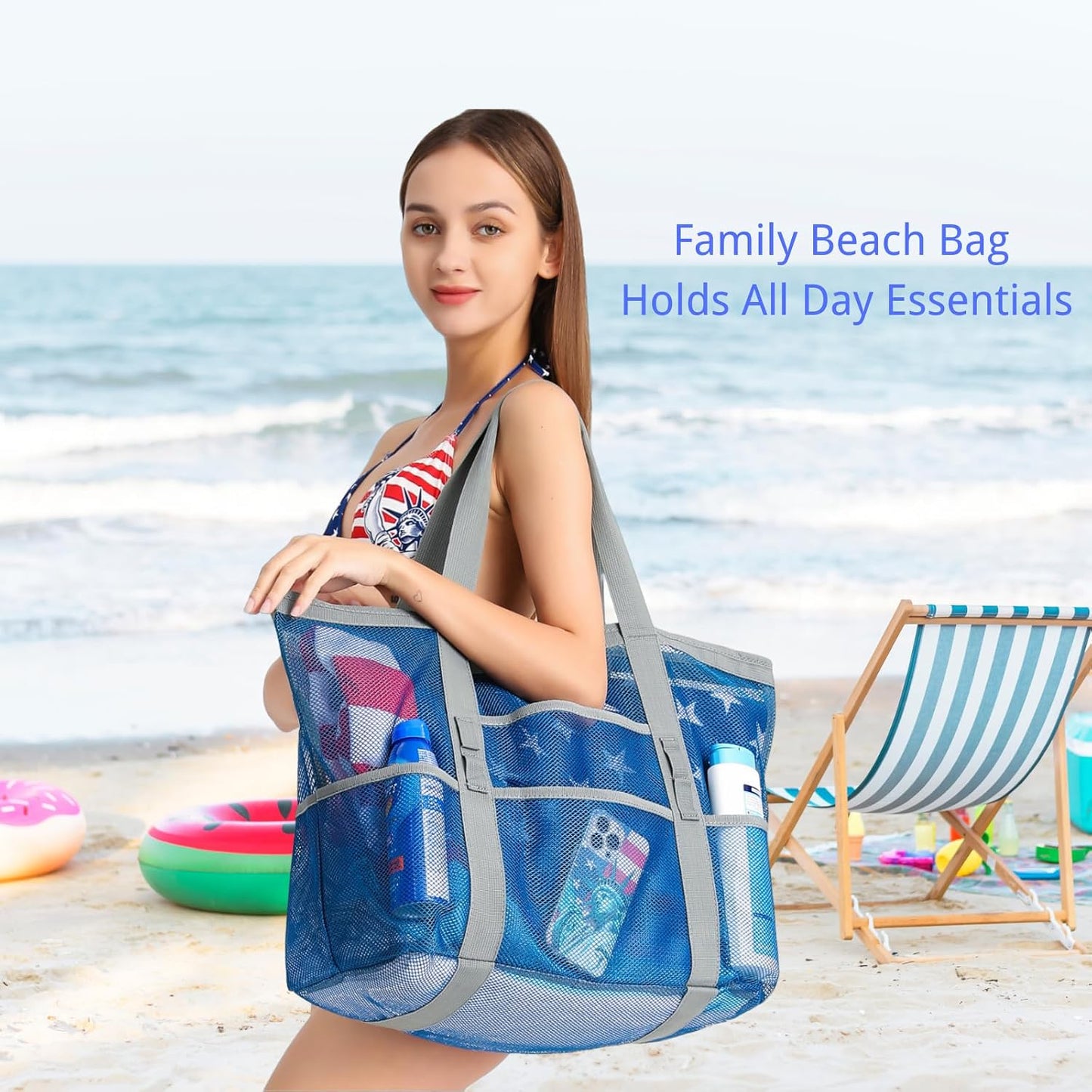 Mesh Beach Bag Family - Large Travel Tote Bag for Beach Pool Cruise | 9 Pockets, Quick Dry, with Zipper Pocket, Portable Mesh Beach Tote Bag for Sand Toys, Towels, Pool, Travel Beach Essentials