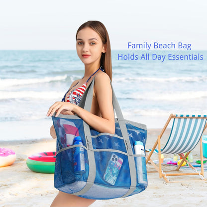 Mesh Beach Bag Family - Large Travel Tote Bag for Beach Pool Cruise | 9 Pockets, Quick Dry, with Zipper Pocket, Portable Mesh Beach Tote Bag for Sand Toys, Towels, Pool, Travel Beach Essentials
