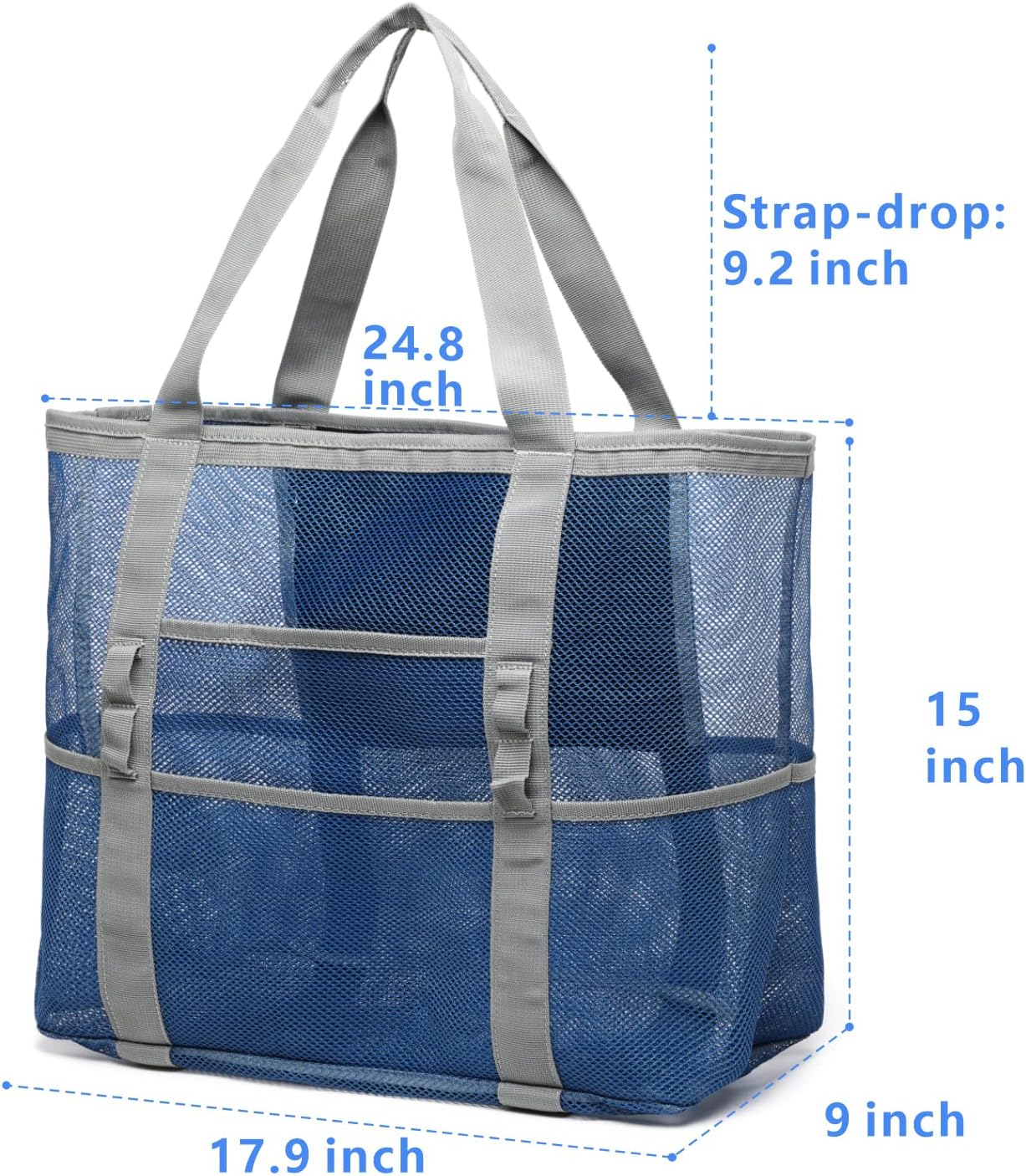 Mesh Beach Bag Family - Large Travel Tote Bag for Beach Pool Cruise | 9 Pockets, Quick Dry, with Zipper Pocket, Portable Mesh Beach Tote Bag for Sand Toys, Towels, Pool, Travel Beach Essentials