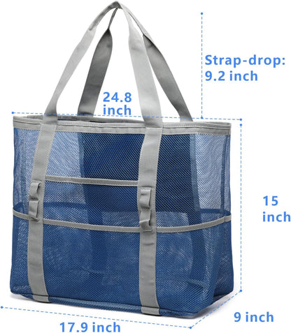 Mesh Beach Bag Family - Large Travel Tote Bag for Beach Pool Cruise | 9 Pockets, Quick Dry, with Zipper Pocket, Portable Mesh Beach Tote Bag for Sand Toys, Towels, Pool, Travel Beach Essentials