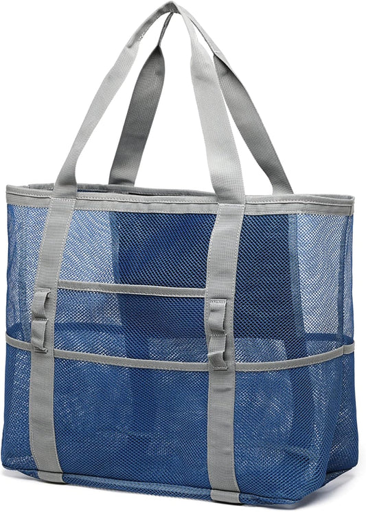 Mesh Beach Bag Family - Large Travel Tote Bag for Beach Pool Cruise | 9 Pockets, Quick Dry, with Zipper Pocket, Portable Mesh Beach Tote Bag for Sand Toys, Towels, Pool, Travel Beach Essentials